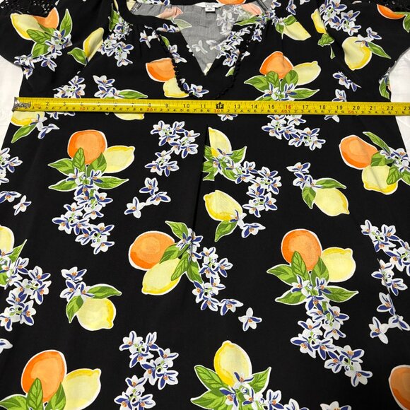 Crown & Ivy XL Black Citrus Lemons Oranges Boho Dress Pom Trim Crochet Rayon - Picture 12 of 15